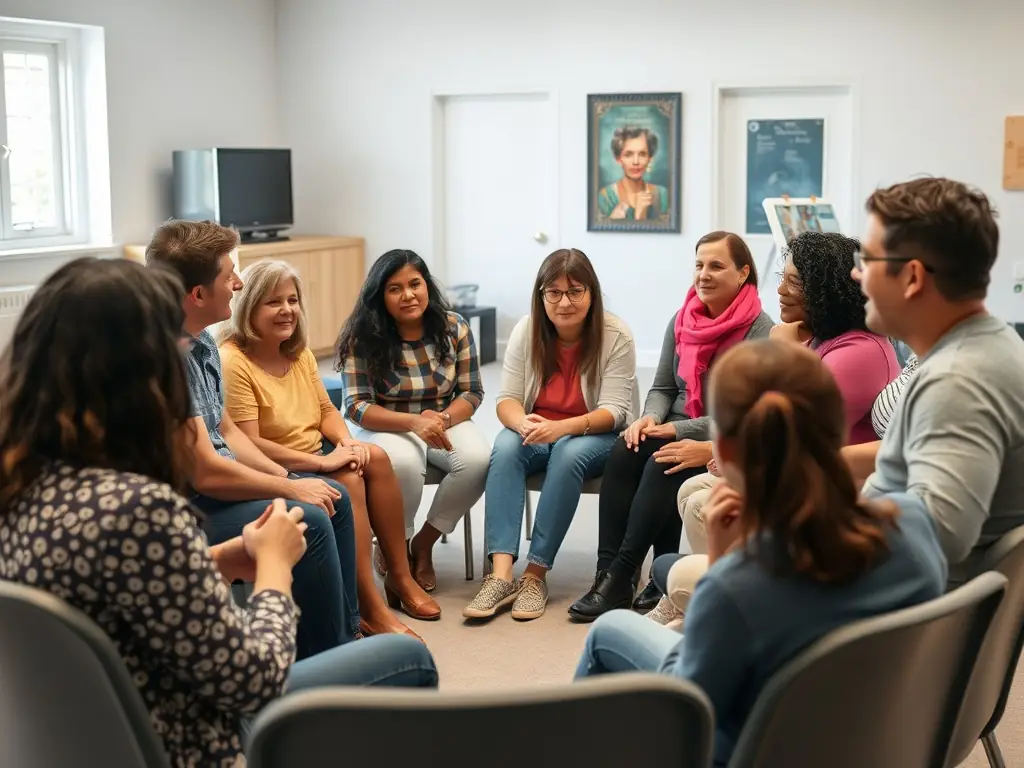 A photograph capturing a lively debate session at a local community center, showcasing diverse participants actively engaged in discussing current societal issues, reflecting FCOL's commitment to fostering public debate.