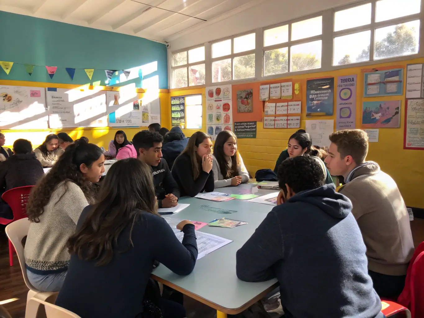 An image depicting a group of young students participating in an interactive workshop focused on democratic principles, highlighting FCOL's efforts to promote secular education among youth.