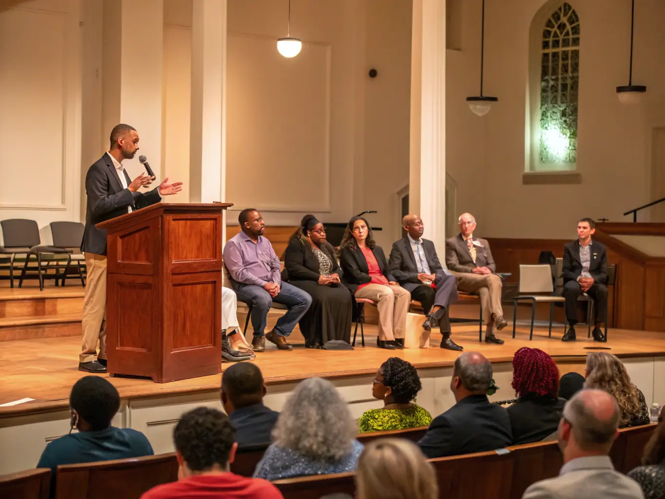 A dynamic image of a public debate event, featuring diverse participants engaged in thoughtful discussion on contemporary social issues.